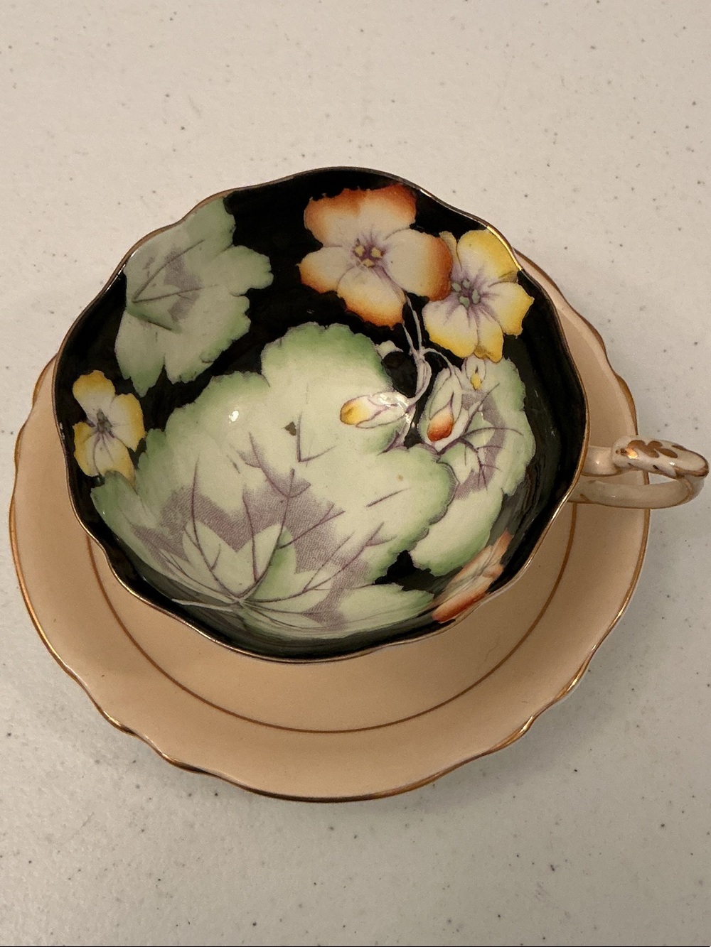 PARAGON Black Interior Teacup with Peach Saucer and Hand-Painted Floral Motif